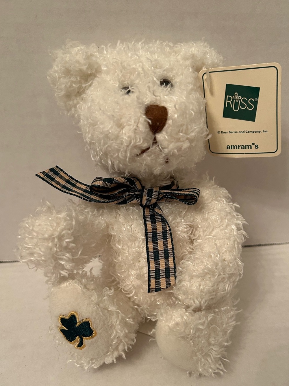 Russ Berrie Shannon White Curly Teddy Bear Shamrock Bow Plush